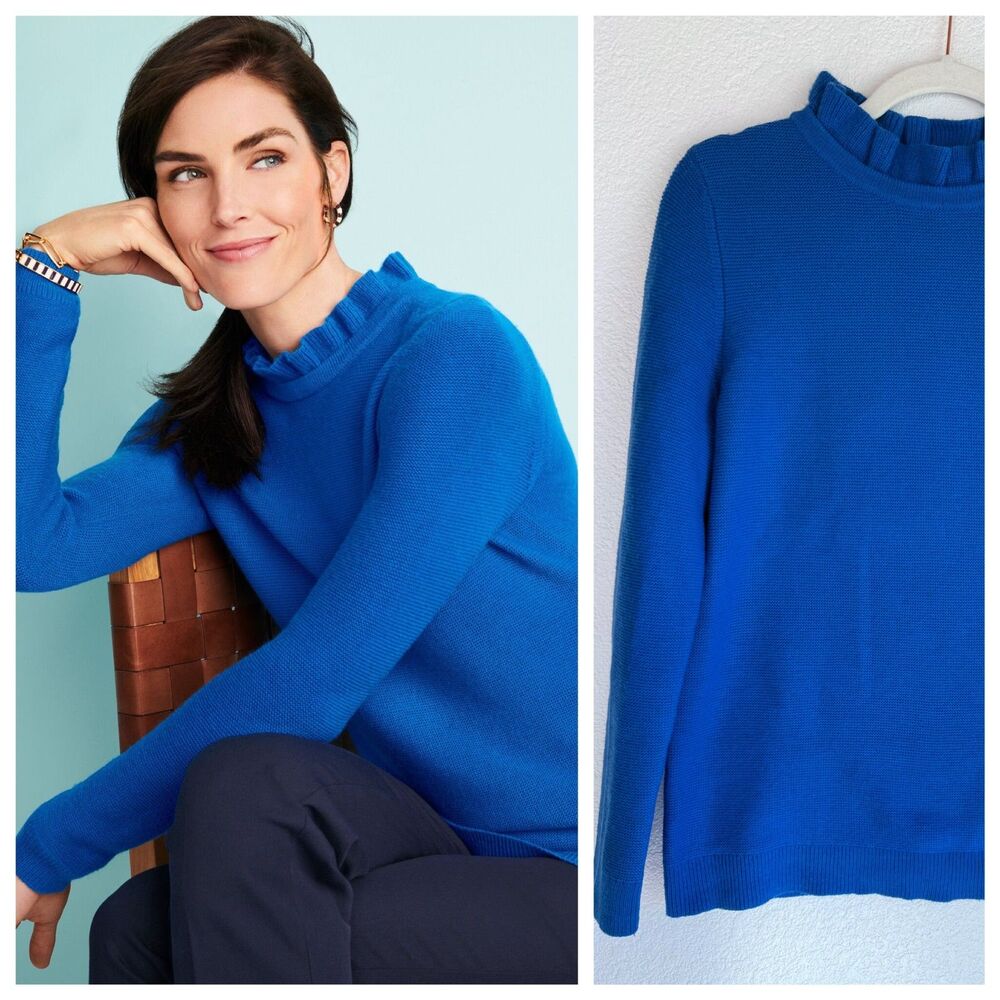 Talbots Women's Petite Ruffle Neck Knit Crew Neck Sweater in Royal Blue Size Lp